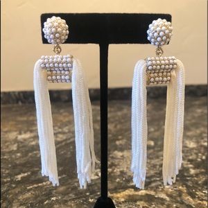 Long Bead Studded Fringe Earrings in White & Gold